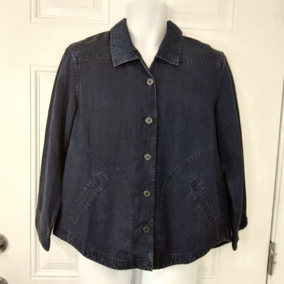 J. Jill dark blue long sleeve chambray button front shacket with embroidery - Picture 1 of 15